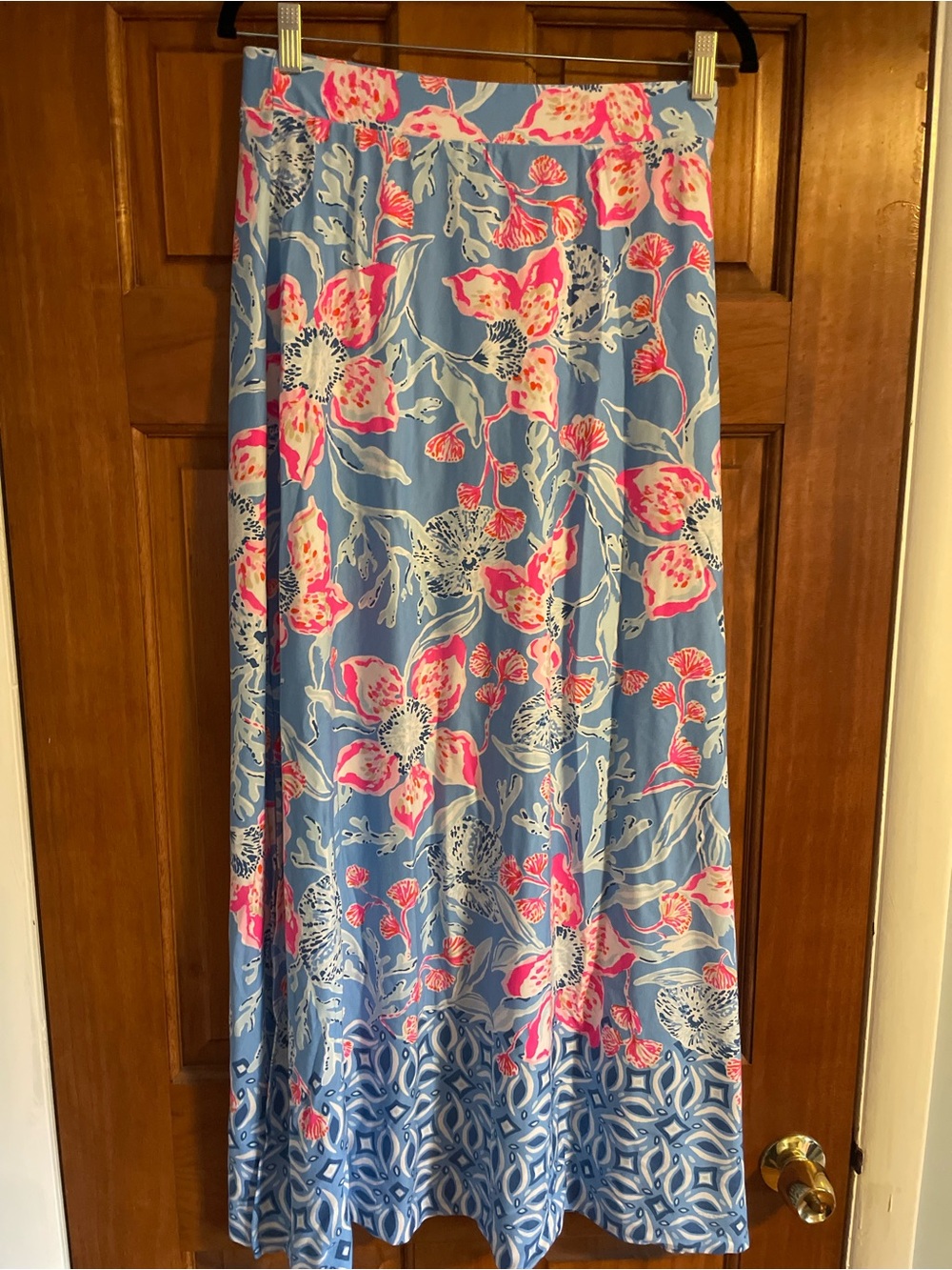 Lilly Pulitzer Sky Blue Maxi Skirt with Pink Floral Print